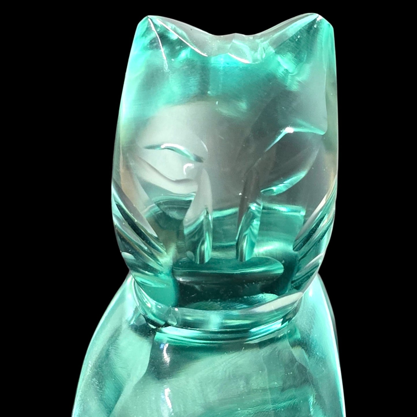Art Glass Cat Figurine Teal Aqua Modernist Style Polished Finish 2.25"