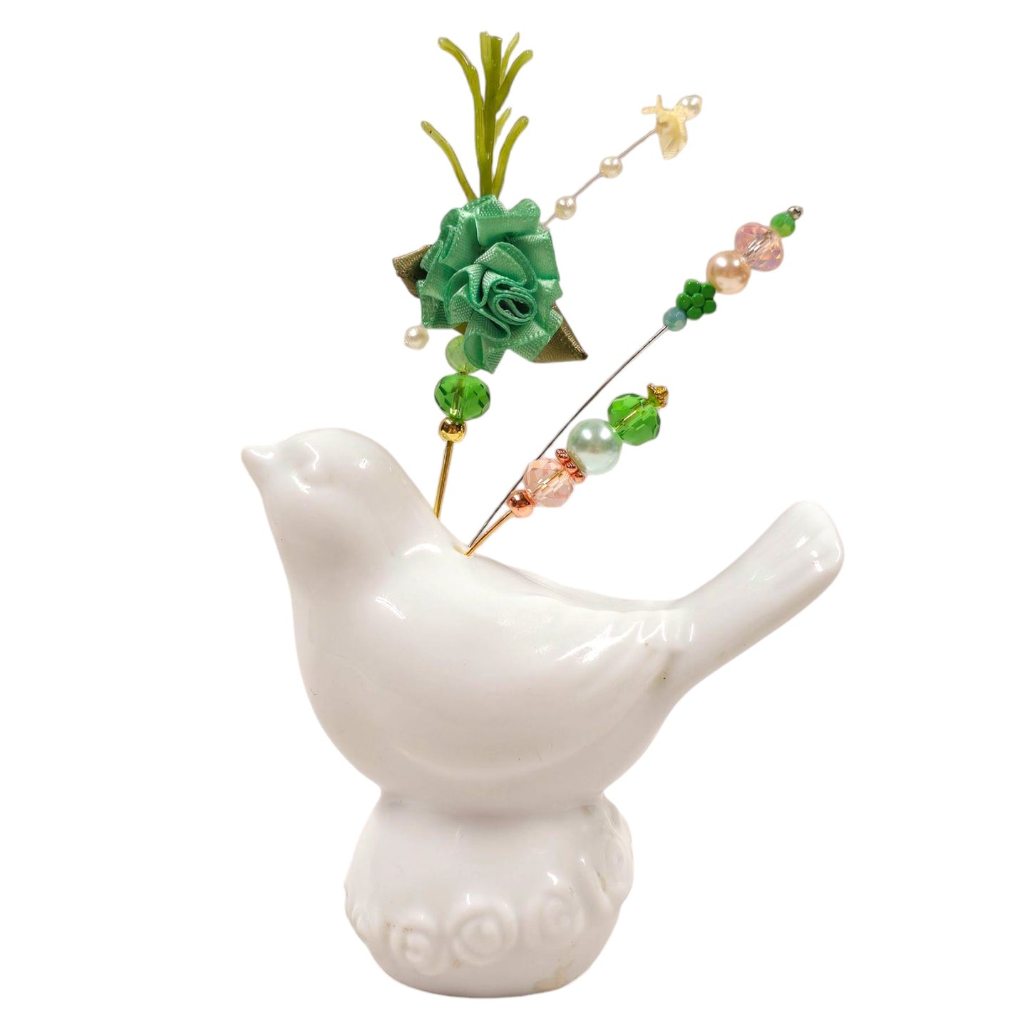 Vintage Green Floral Accent White Bird Salt Shaker Hat Pin Display