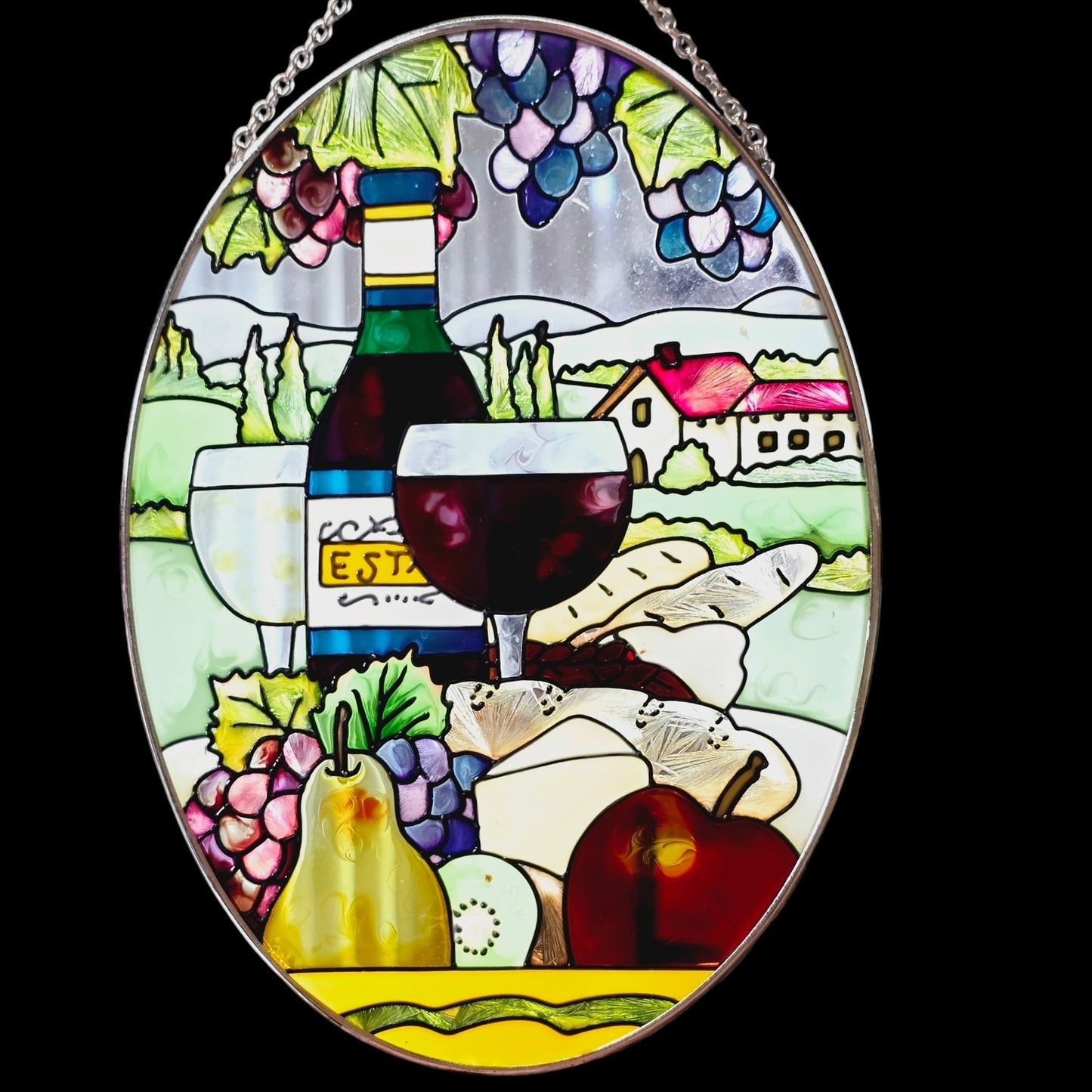 Hand-Painted Wine and Cheese Stain Glass Suncatcher 9" H x 6.5" W