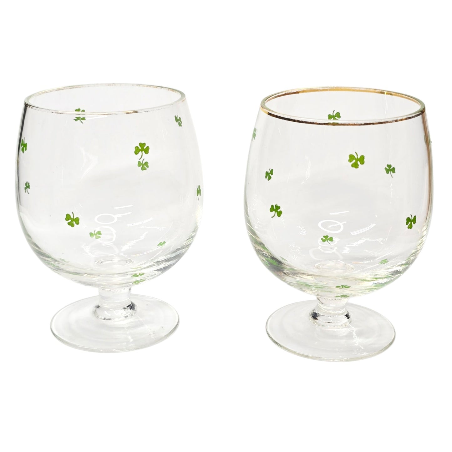 Vintage St. Patrick's Day Shamrock Glasses Gold Rim Clover Stemware Set of 2