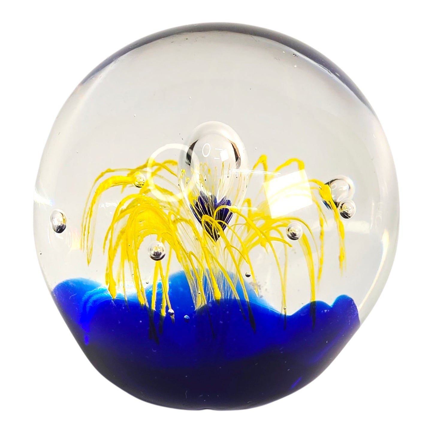 Art Glass Paperweight Cobalt Blue Yellow Firework Design