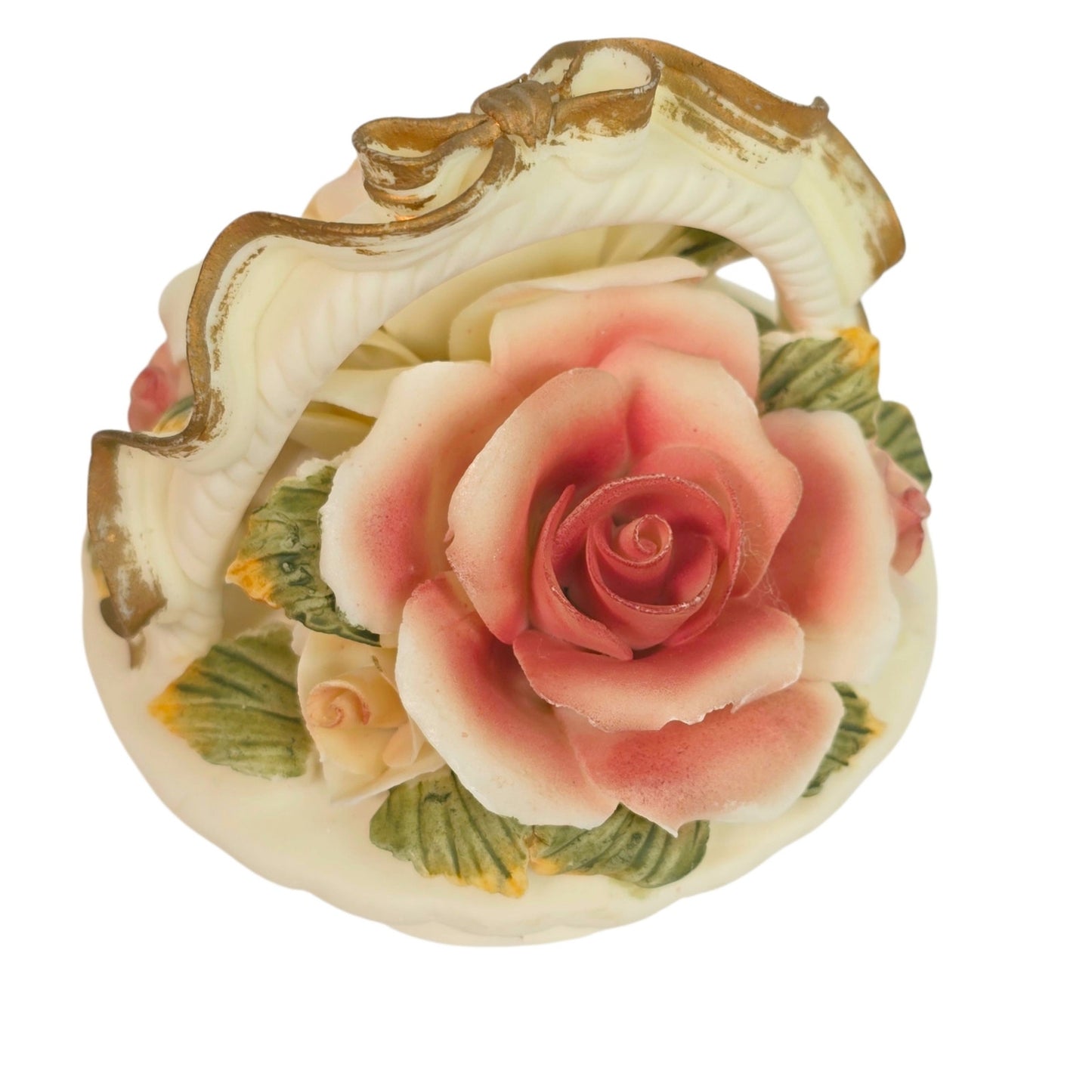 Vintage Porcelain Trinket Box Basket Pink Cream Rose Floral Lid Vanity Decor