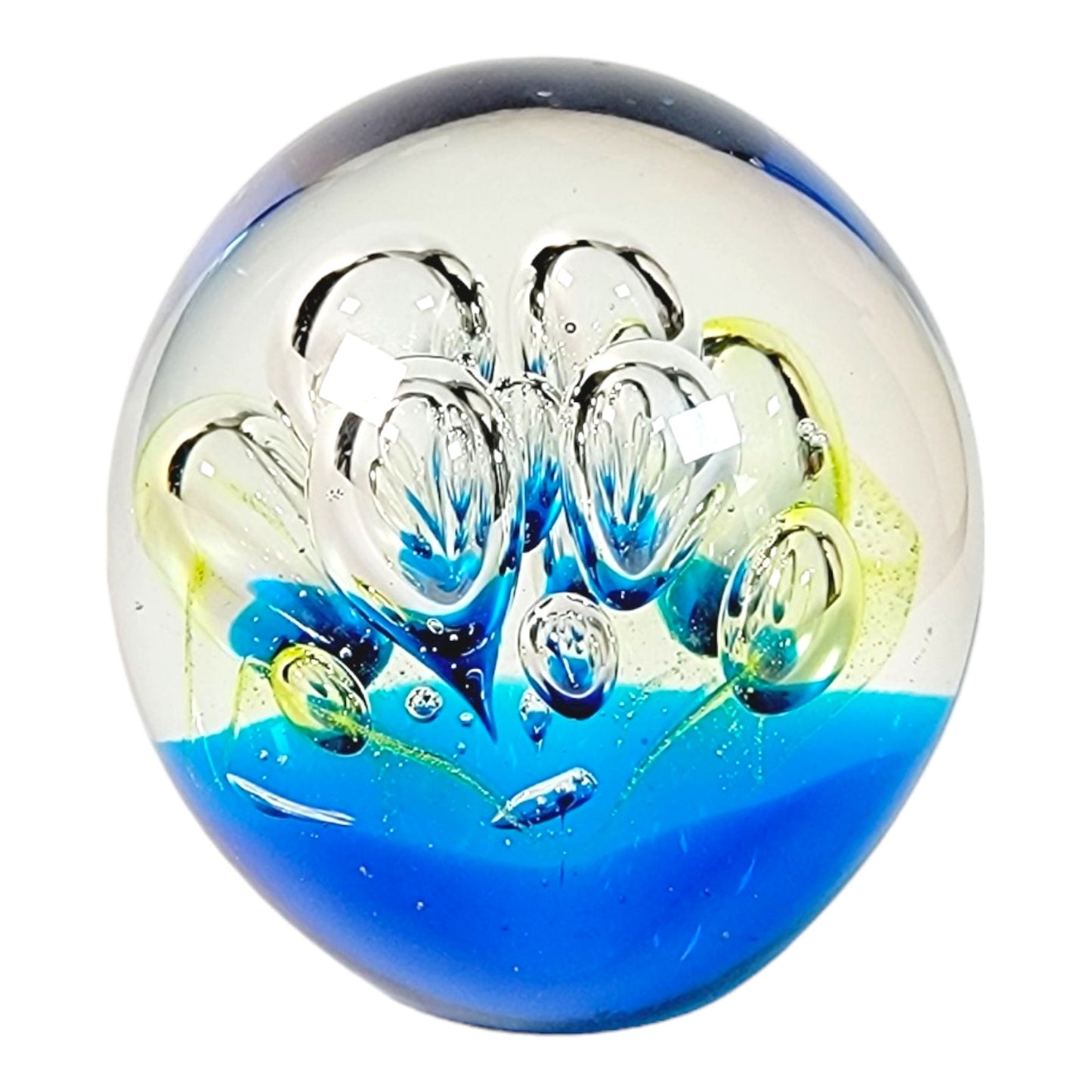 Dynasty Gallery Hand-Blown Art Glass Paperweight Blue Yellow Bubbles 3" Tall