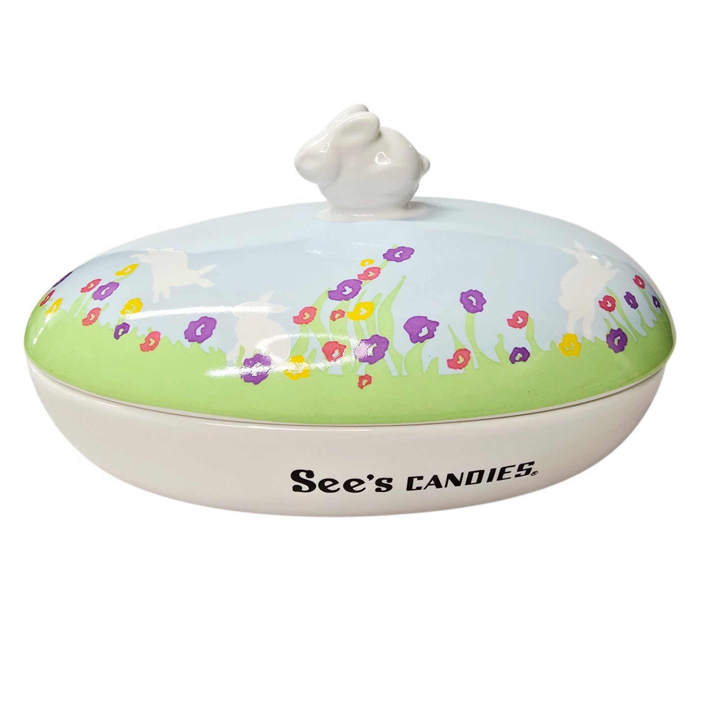 NIB See's Candies Easter Candy Dish Ceramic Lidded Bunny Knob Lid 7.5" Floral