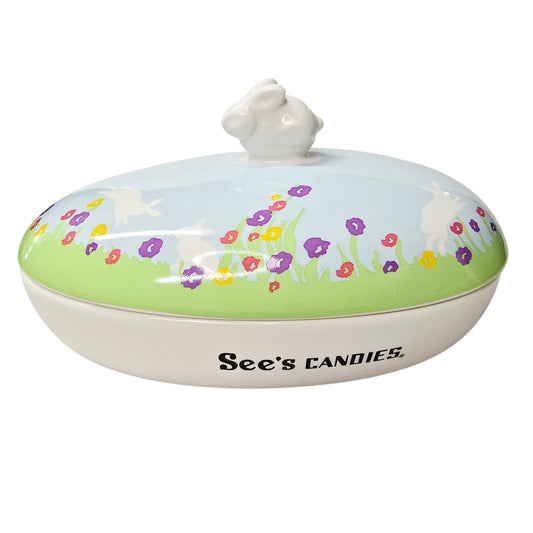 NIB See's Candies Easter Candy Dish Ceramic Lidded Bunny Knob Lid 7.5" Floral
