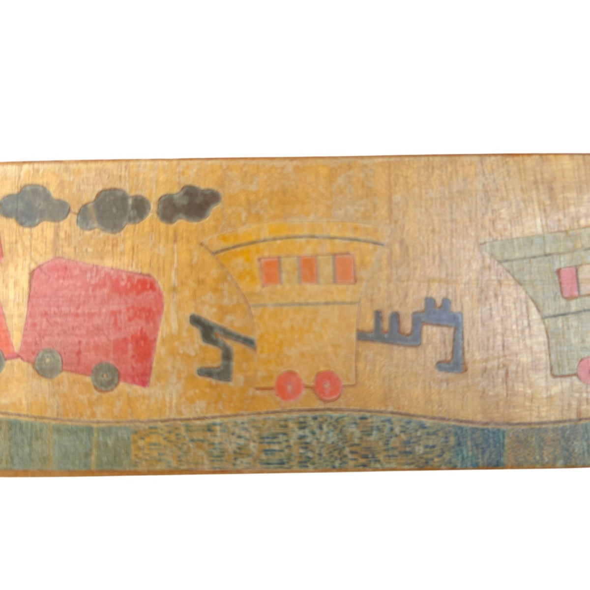 Vintage Wooden Sliding Lid Pencil Box - Hand-Painted Train Motif Mid Century 9"