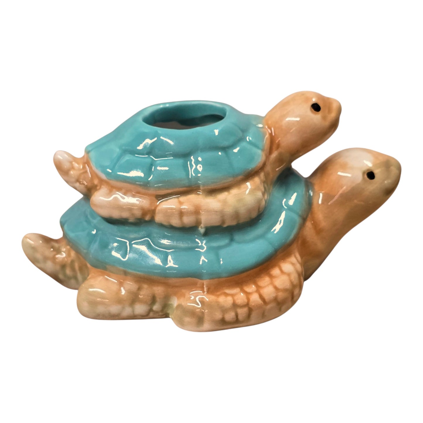 Stacked Ceramic Turtles Candle Holder Double Tortoise Shell Figurine Decor Blue