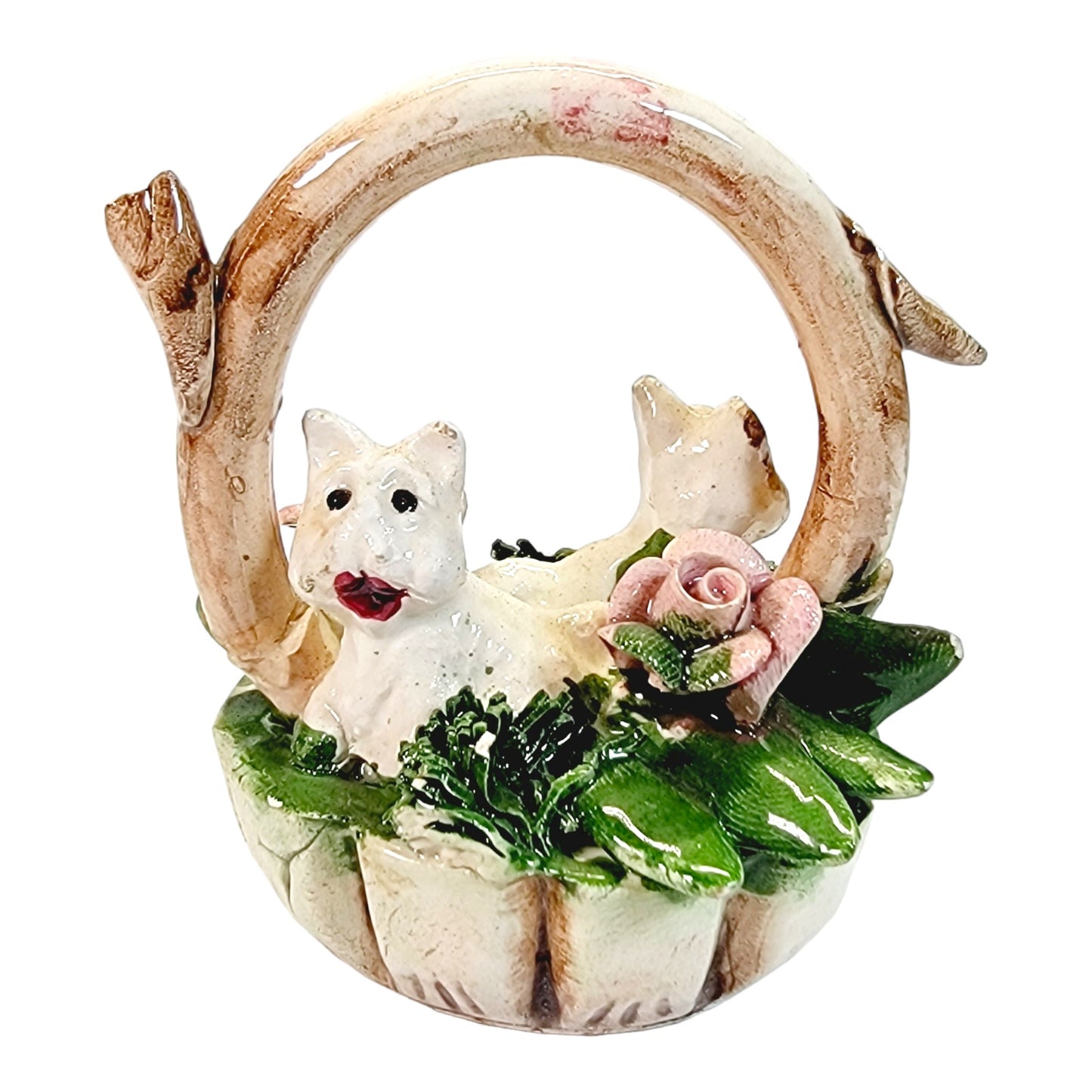 Vintage Capodimonte Italy Dogs (or cats) in a Basket with Flowers Porcelain Figurine