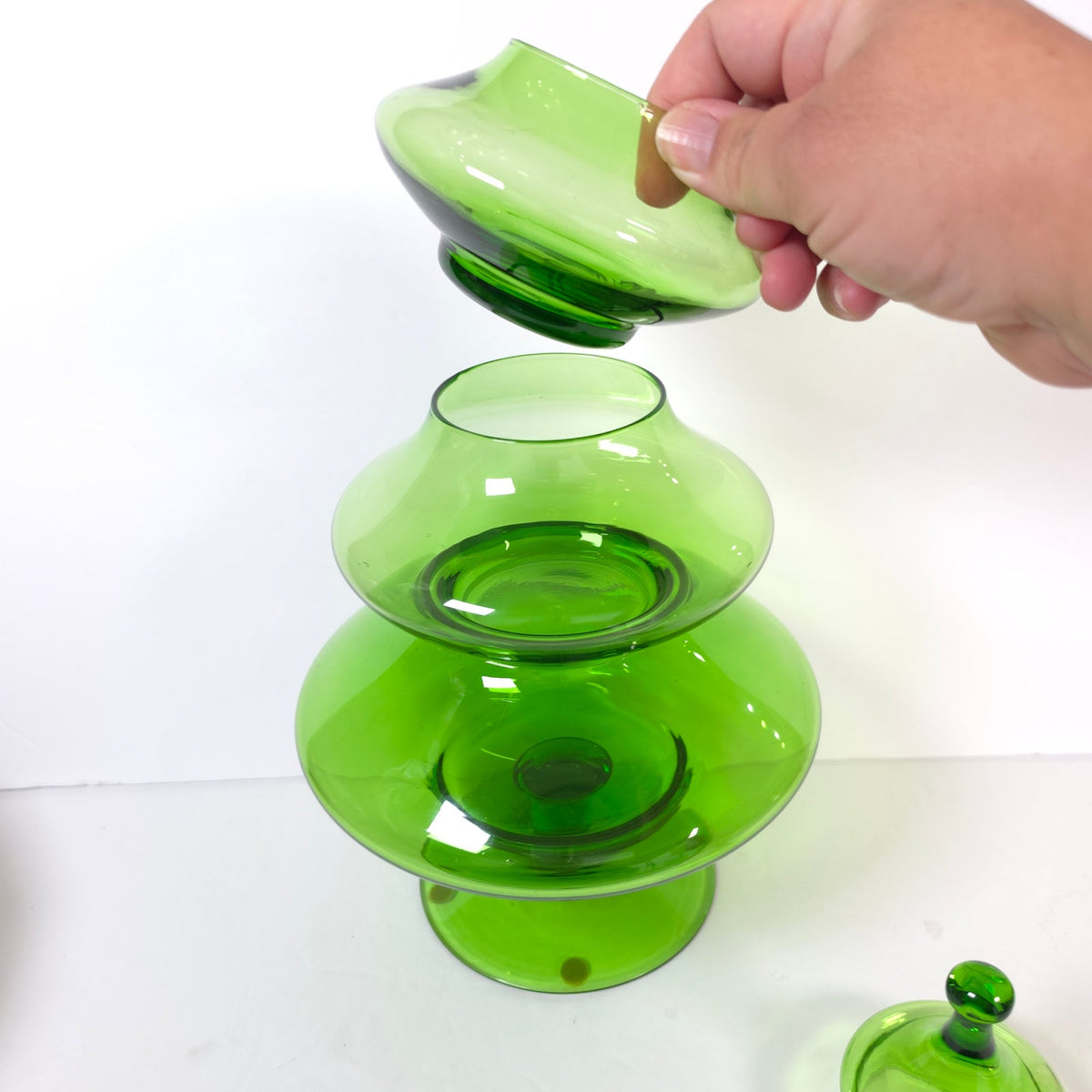 Vtg MCM Empoli Green Glass Christmas Tree Stacking Candy Apothecary Jar 4 Piece