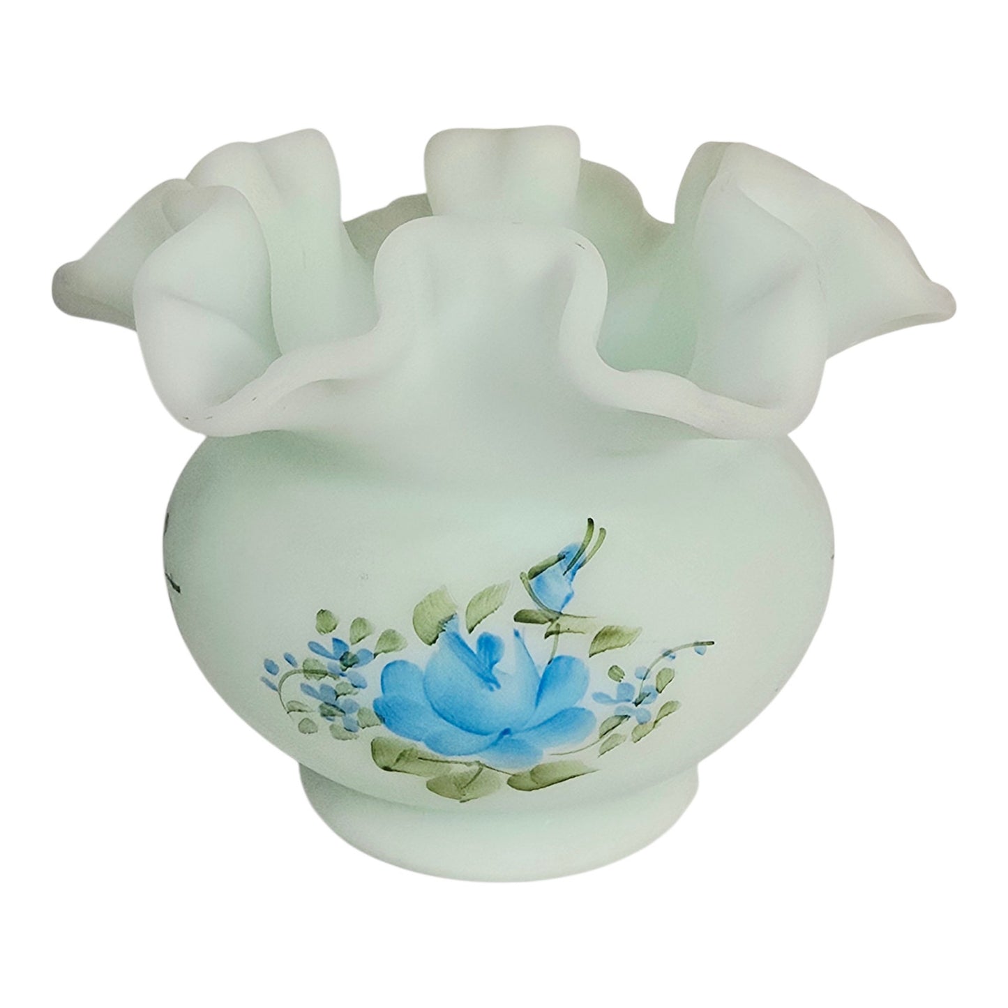Fenton Blue Roses on Blue Satin Glass Rose Bowl - Signed