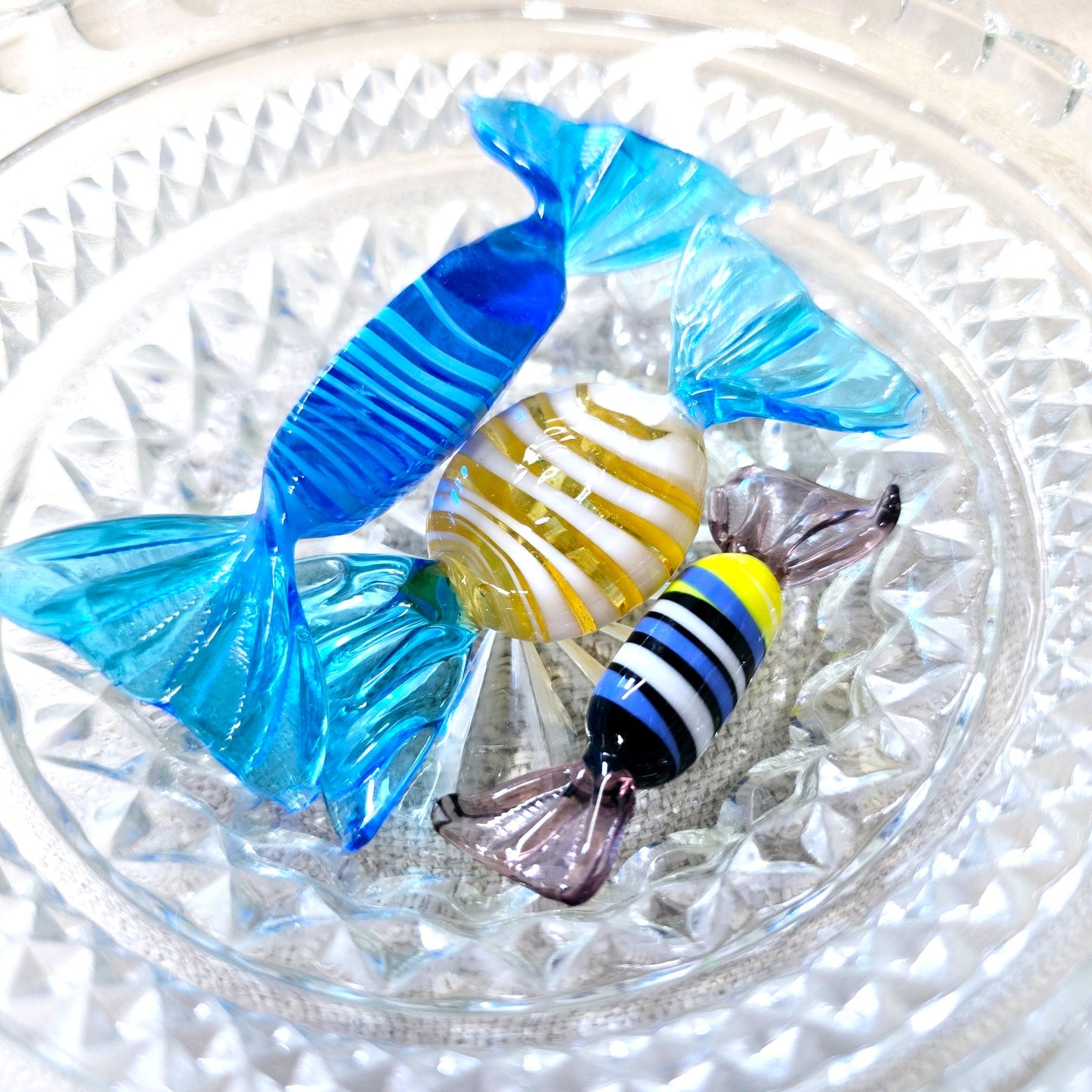 Handblown Art Glass Candies in Vintage Dish, Set of 3 Candies