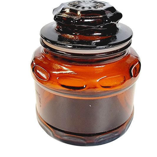 Vintage Dark Amber Brown Glass Apothecary Canister Spice Jar Starburst lid 4.25”