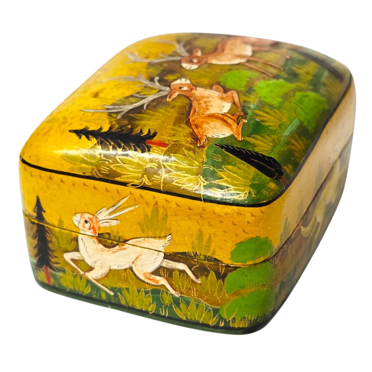 Vintage Kashmiri Hand-Painted Lacquerware Box - Stag & Doe Made in Kashmir India