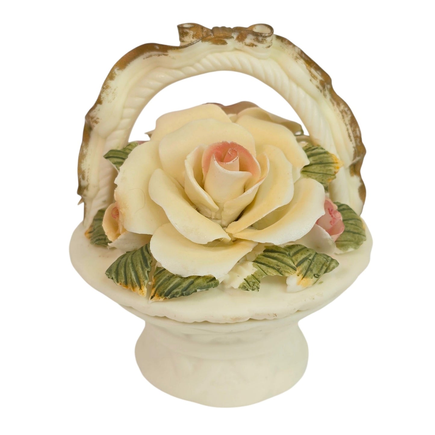 Vintage Porcelain Trinket Box Basket Pink Cream Rose Floral Lid Vanity Decor