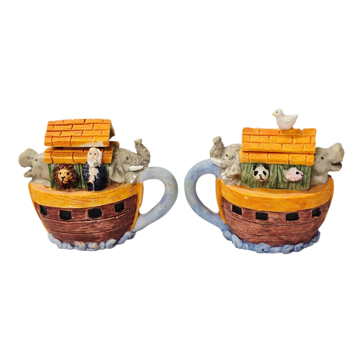 Miniature Ceramic Noah's Ark Tea Set 6pc Hand-painted Animals 2 Teapots Figurine