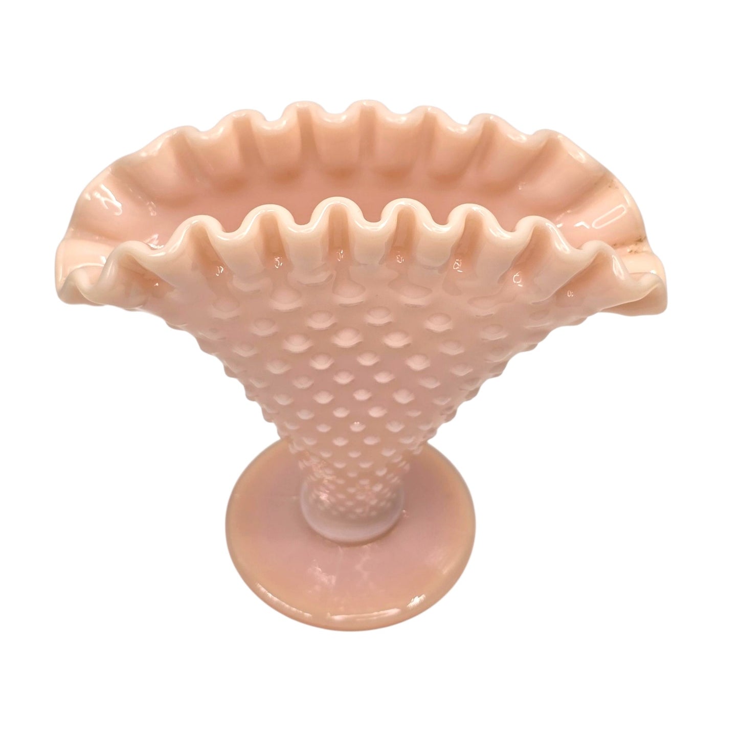 Vtg Fenton Pastel Pink Milk Glass Hobnail Fan Vase 4" Trumpet Uranium Reactived