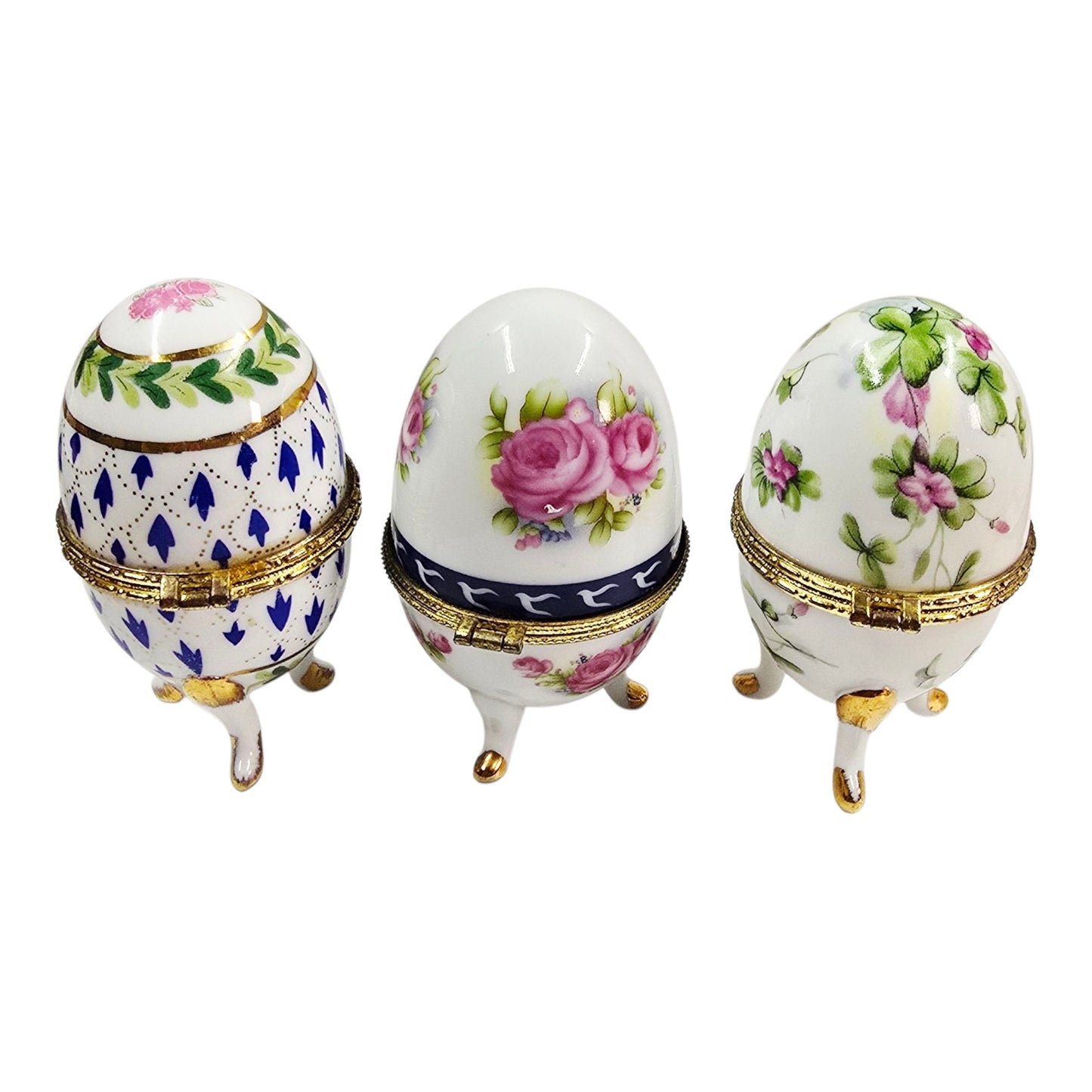 Set of 3 Vintage Porcelain Footed Egg Trinket Boxes Hinged Floral Tripod Base
