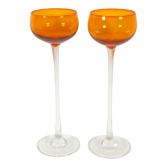 Vtg Roscher & Co. Amber Orange Long Stem Cocktail Glasses Set of 2 UV React 8.5"