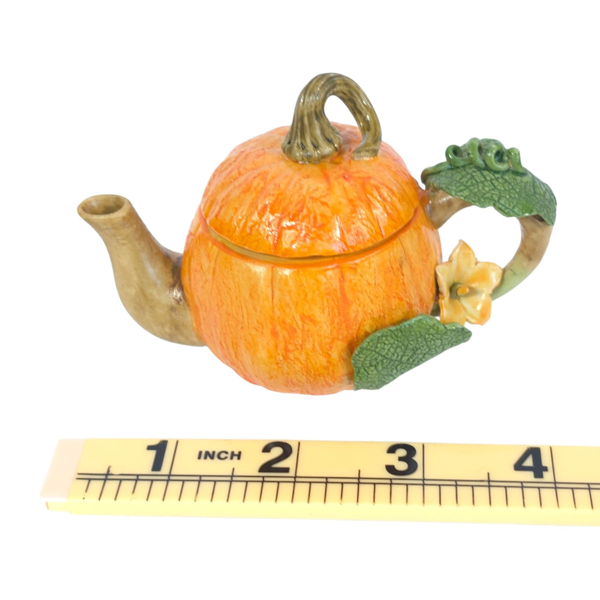 Khien Thailand Miniature Pumpkin Teapot Ceramic Flower Vine Handle Collectible