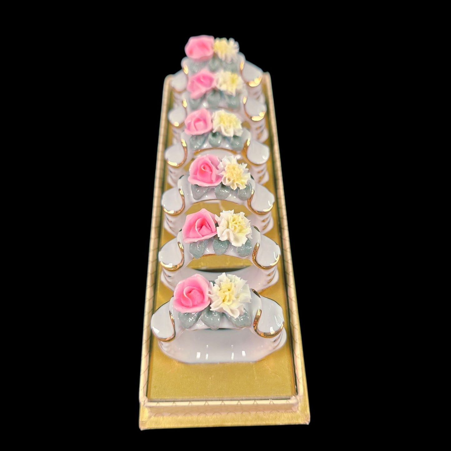 Vintage Set Of Six Dresden Pink Rose Porcelain Napkin Rings