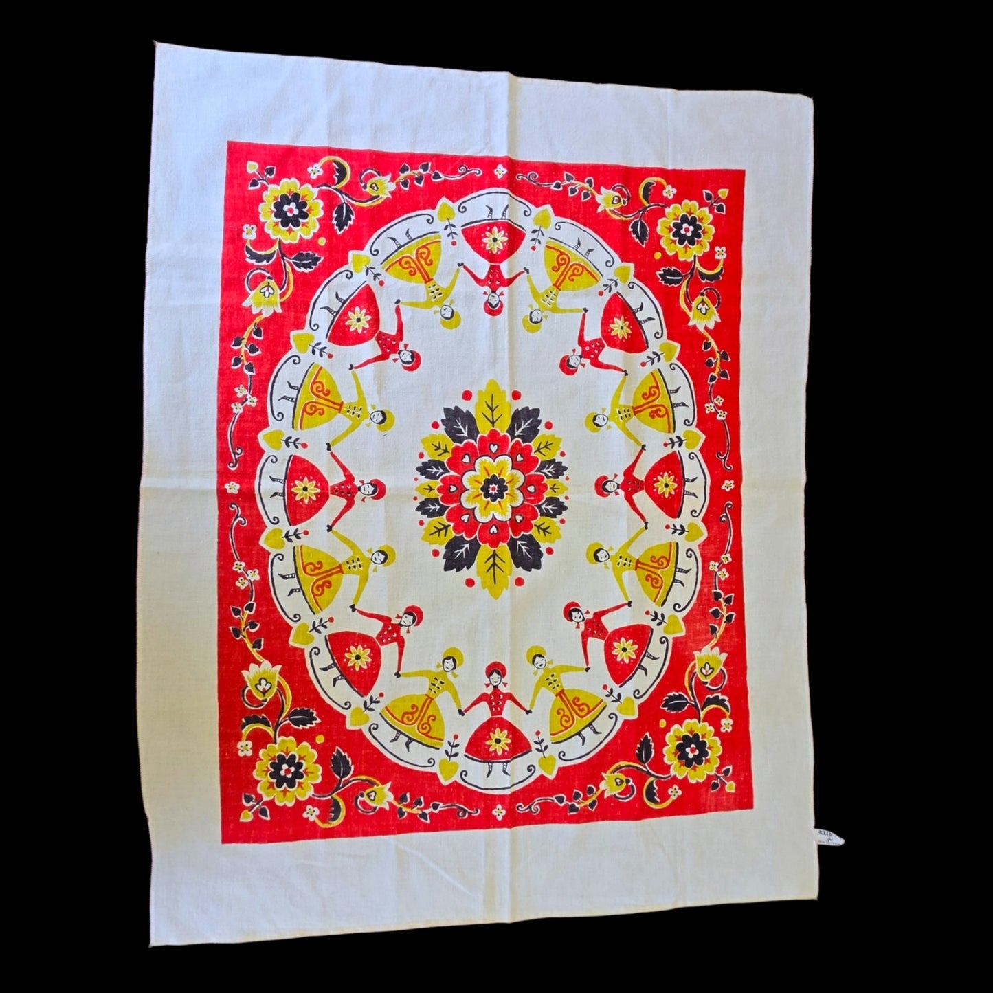 Startex Wonder-Dri Kitchen Towel Vintage Folk Art Dancers Floral Red White