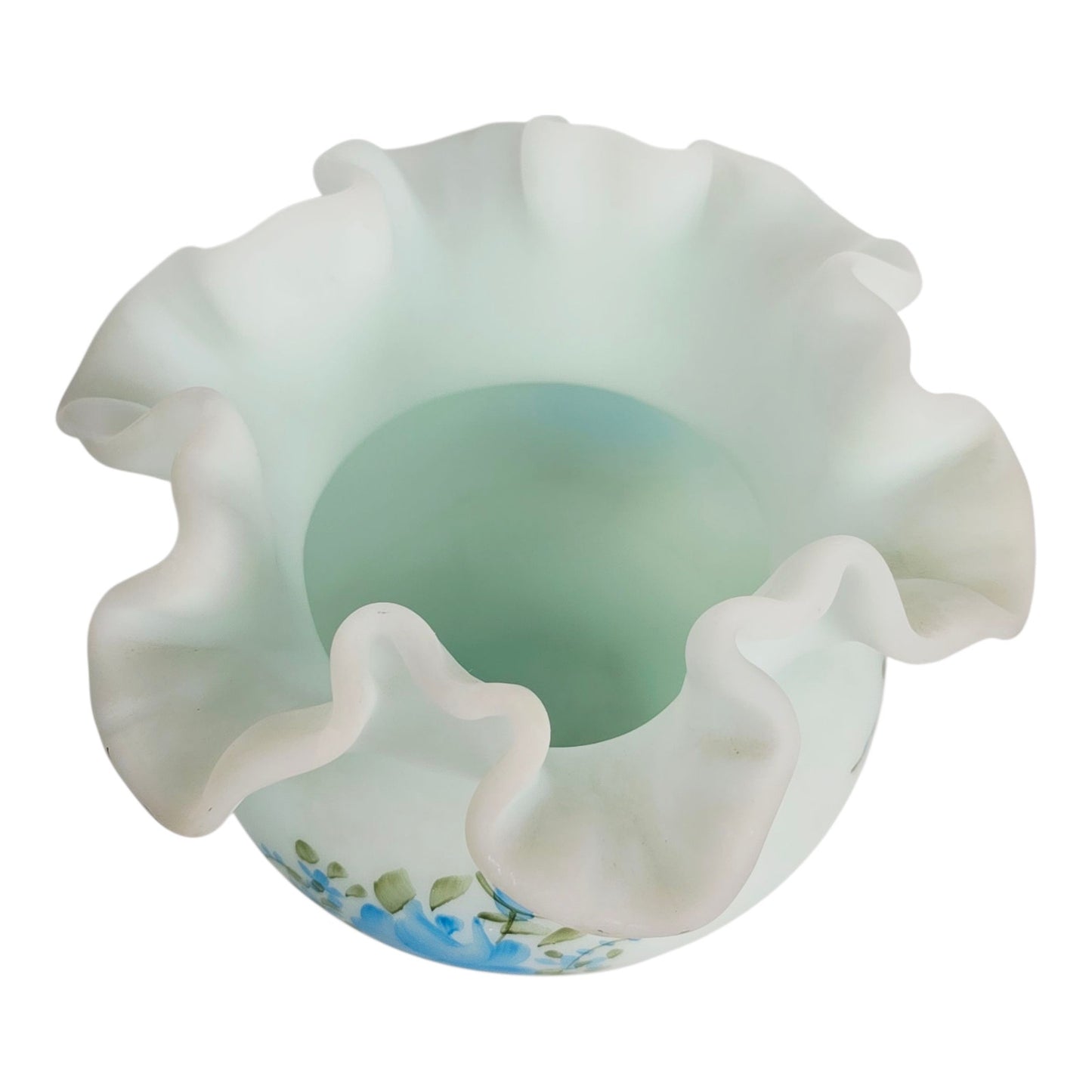 Fenton Blue Roses on Blue Satin Glass Rose Bowl - Signed