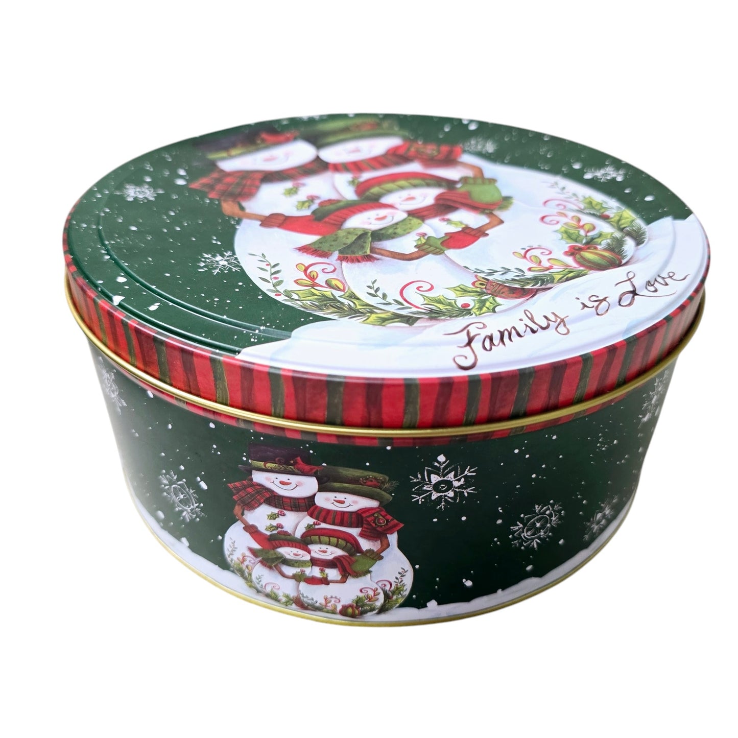 Set of 2 7" Holiday Christmas Tins Snowman Family is Love & Santa As Is Rim Dent