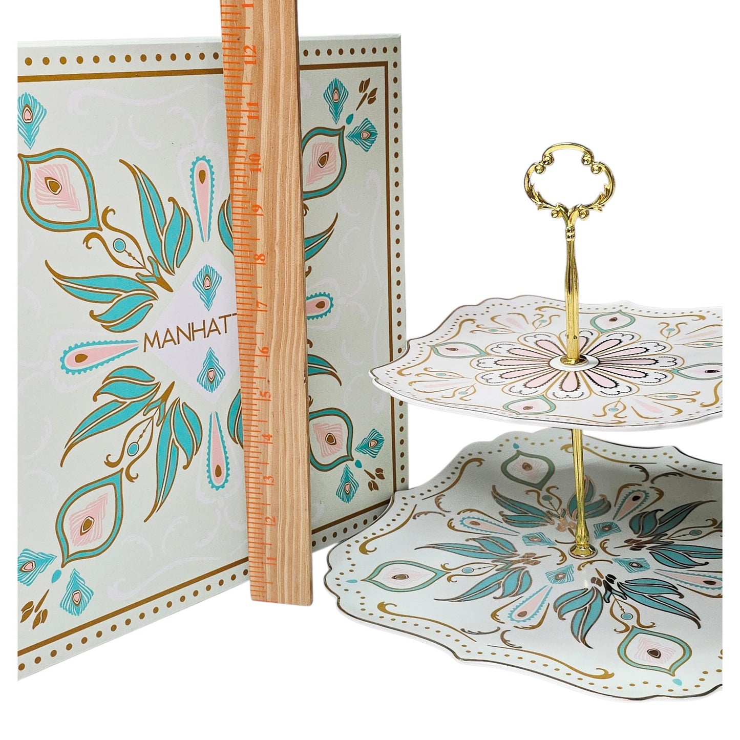 Manhattan Two Tier Dessert Stand Gold Trim Boho Fine China Tea Party Original Box