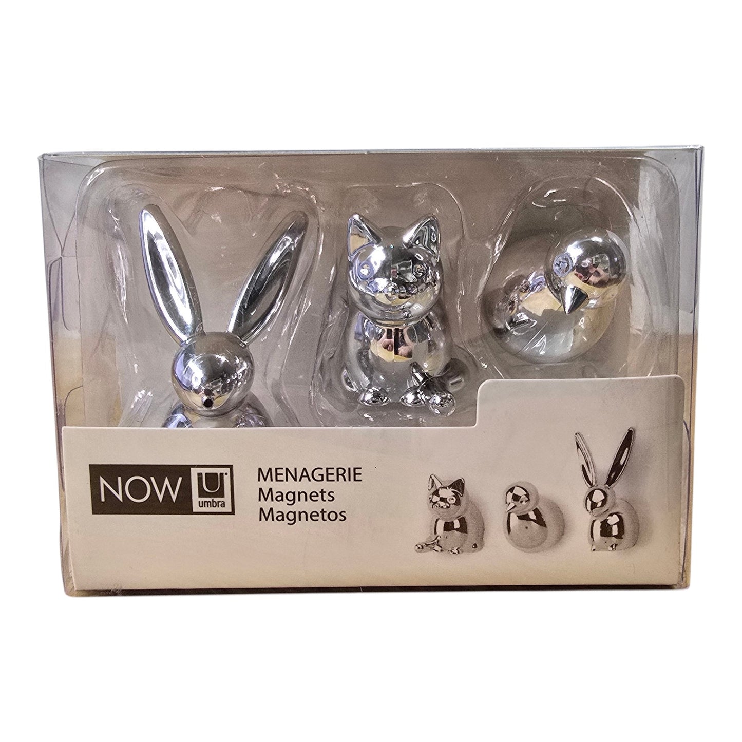 Umbra NOW Menagerie Magnets Set 3 Chrome Cat Bird Bunny Animal Figurine NIB