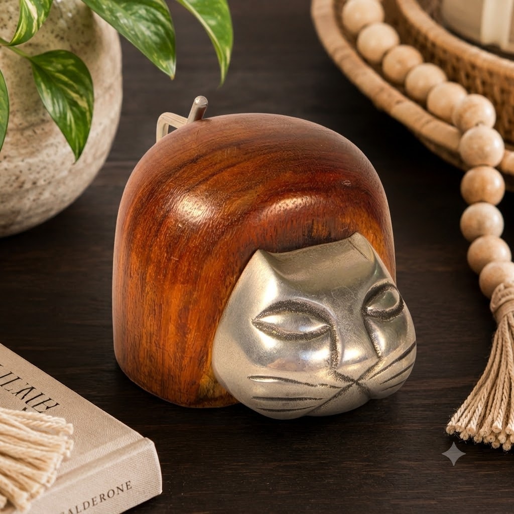 Vintage Wooden Cat Figurine Paperweight Metal Face India Boho Eclectic