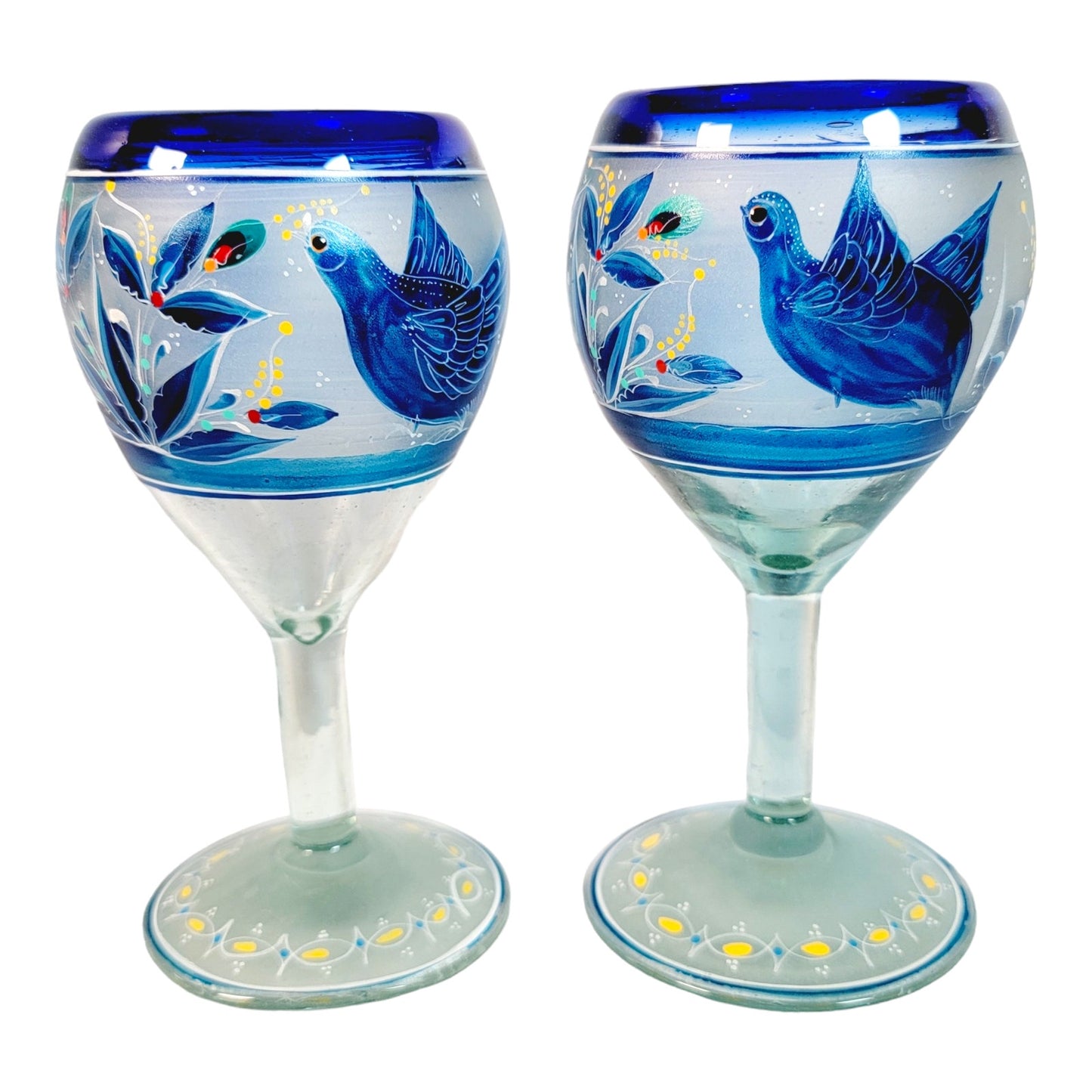 Set of 4 El Palomar Hand-Blown Hand-Painted Dove Bird Wine Glasses Cobalt Blue Rims