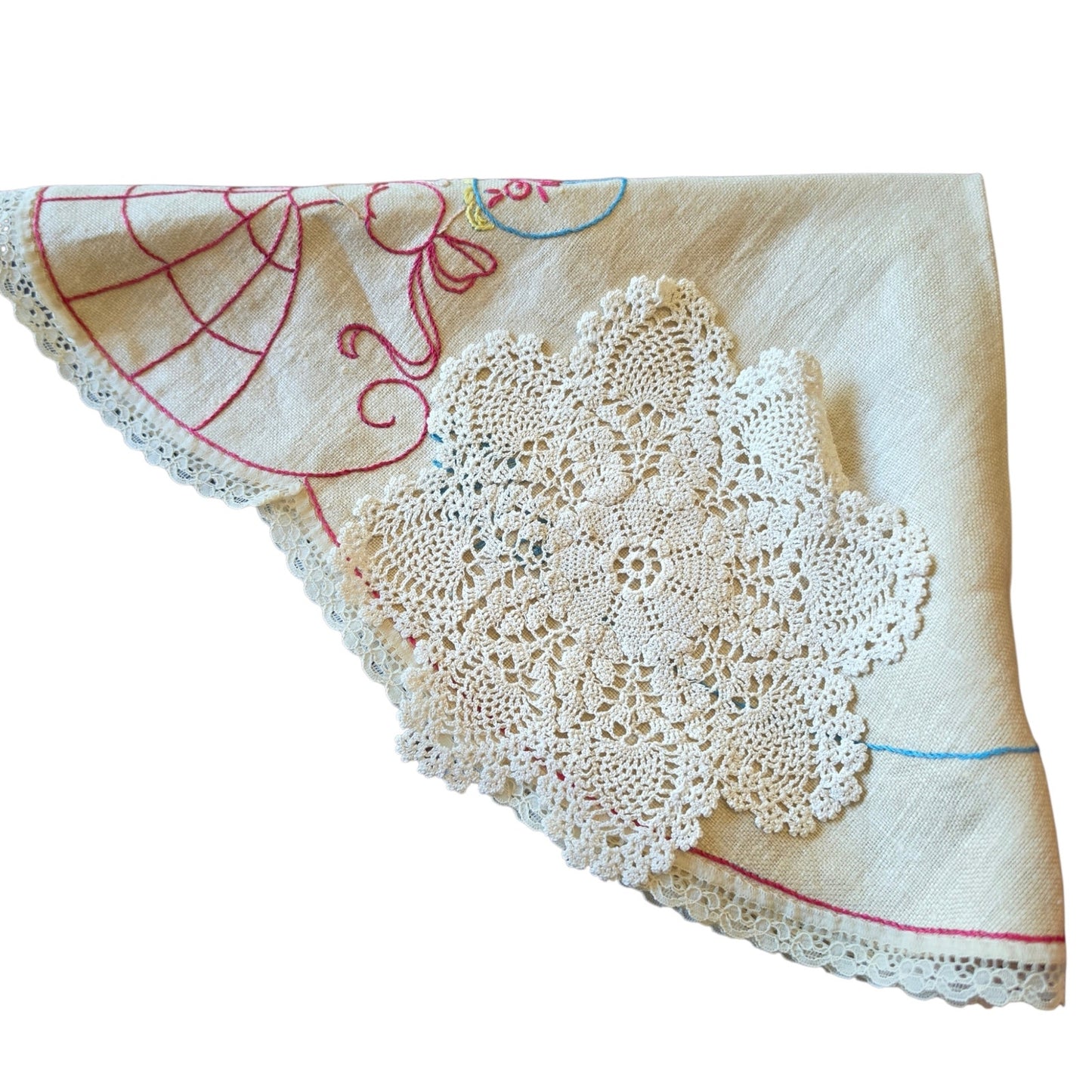 Vintage Crinoline Lady Embroidered Dresser Scarf & Crochet Doily Set Centerpiece