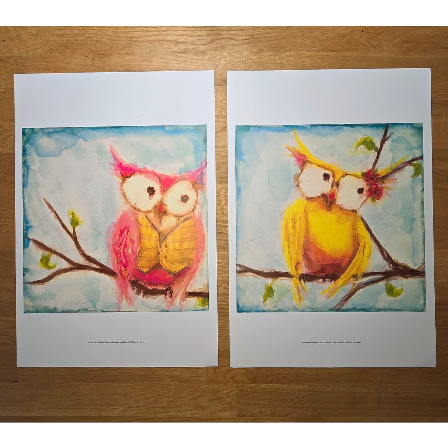 Two 16x12 Owl Bird Art Prints: Mr. Hoo & Miss Hoo, 2014 Marabeth Quin, World Art Group