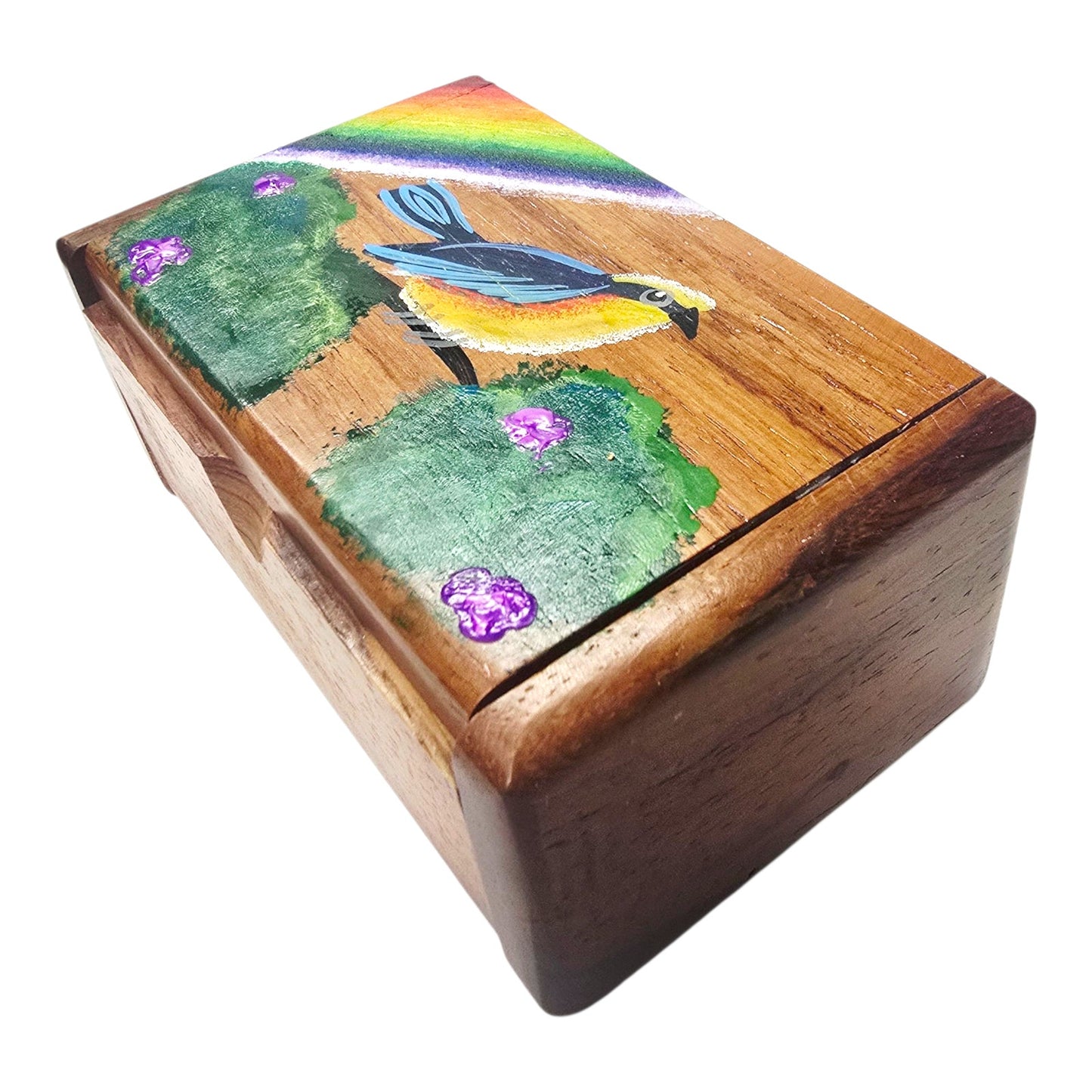 Wood Hand-painted Trinket Treasure Box Bird Tree Rainbow Made in Costa Rica Read