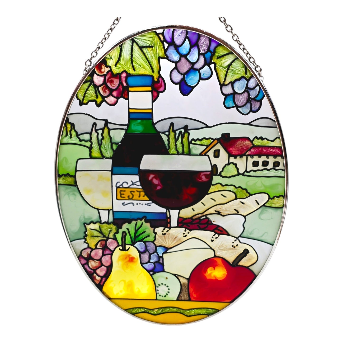 Hand-Painted Wine and Cheese Stain Glass Suncatcher 9" H x 6.5" W