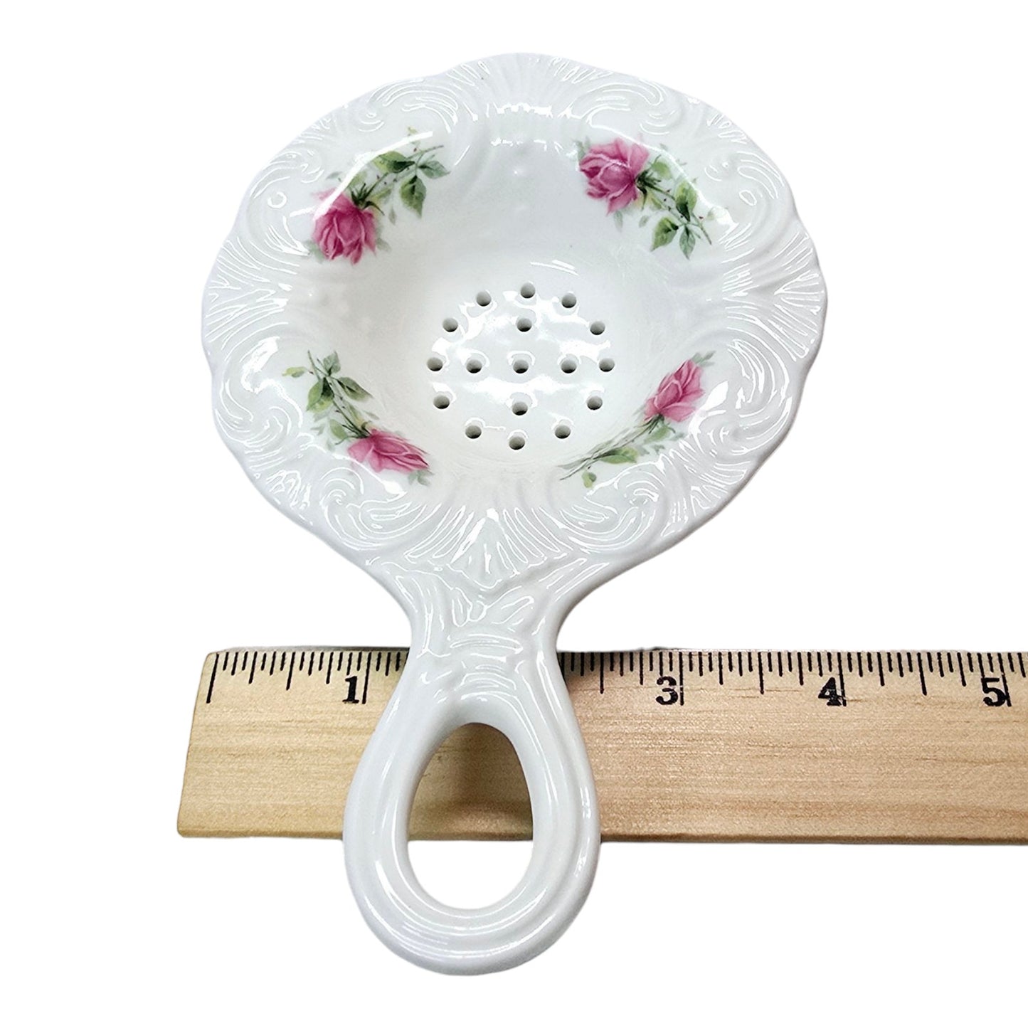 Set of 3 Dainty Tea Dishes: Allyn Nelson Porcelain Tea Strainer and Drip Bowl, plus a dainty Queen's England Prairie Rose Dish