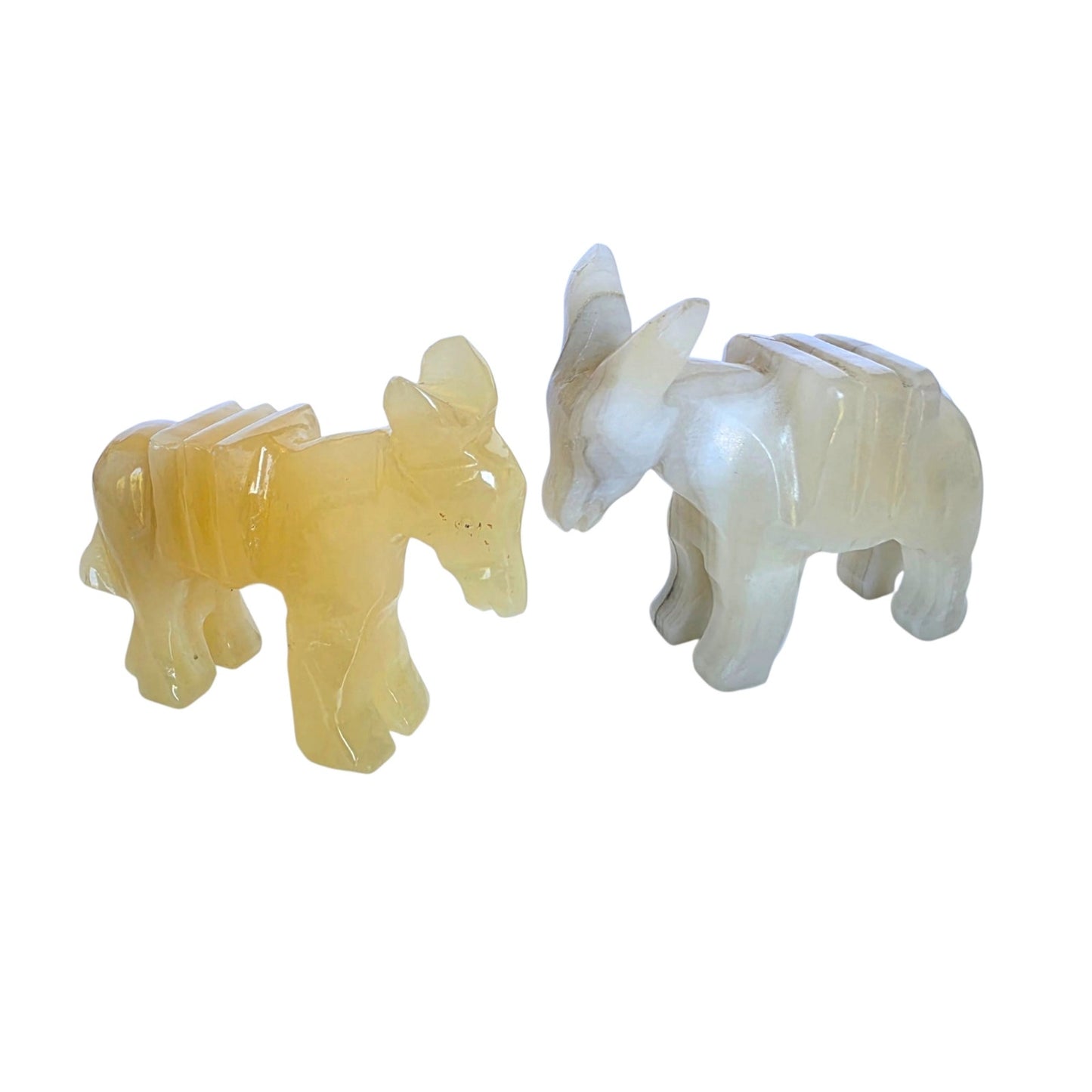 Vtg Carved Onyx Alabaster Donkey Figurines Pair UV Reactive Stone Nativity Piece