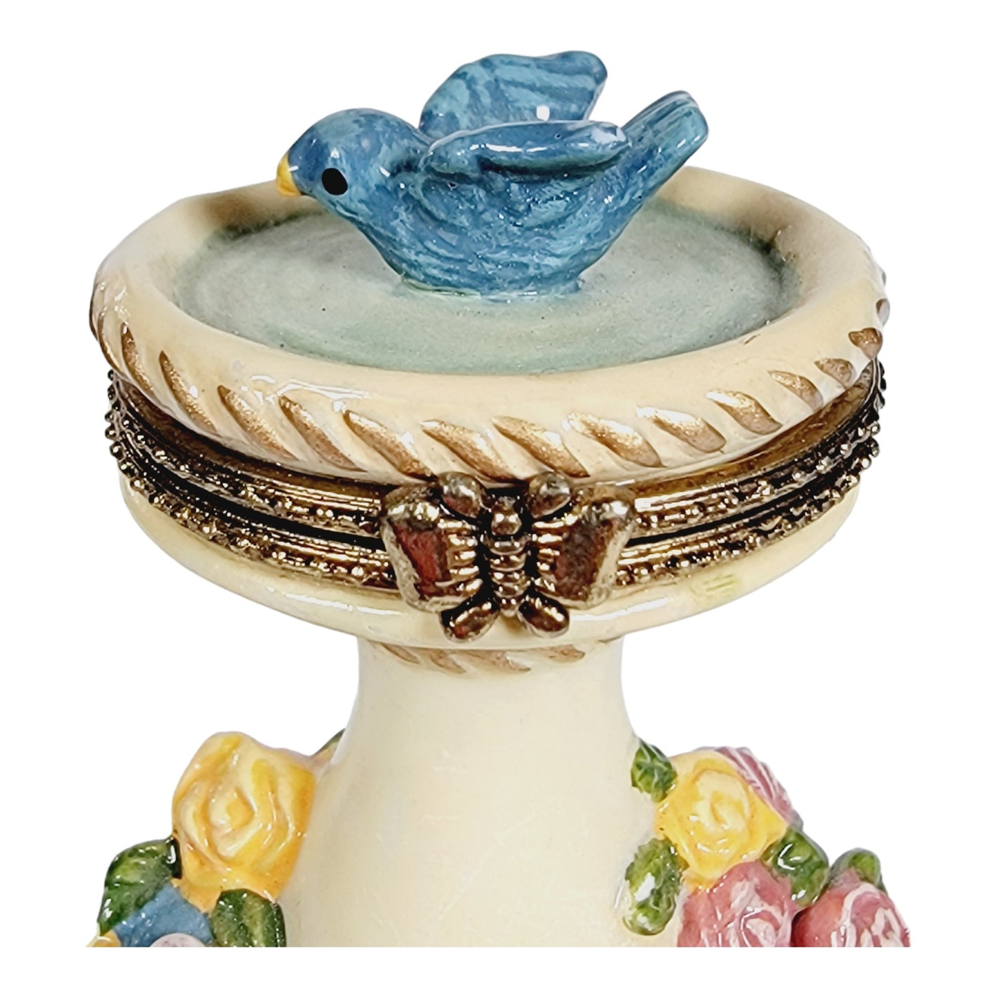 Vintage Bird Bath Trinket Box with Hinged Lid, Floral and Bluebird Design