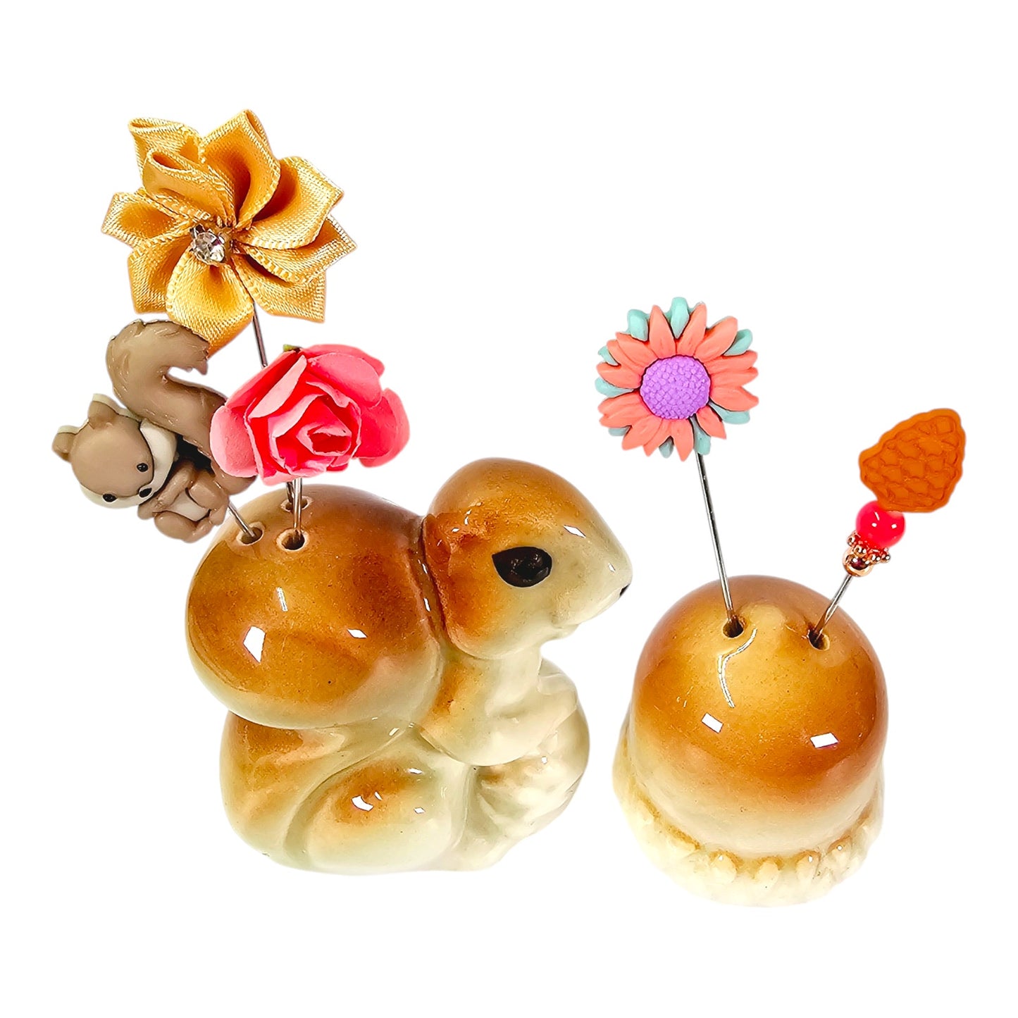 Vintage Squirrel Salt & Peppers Shaker Stick Pin Displays, 5 Handmade Stick Pins, 3.5" & 3.25" H with Pins