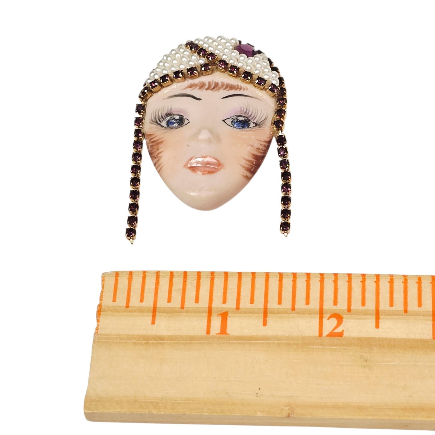 Vintage Art Deco Lady Face Brooch Signed Rhinestone Faux Pearl Flapper 1990 Pin