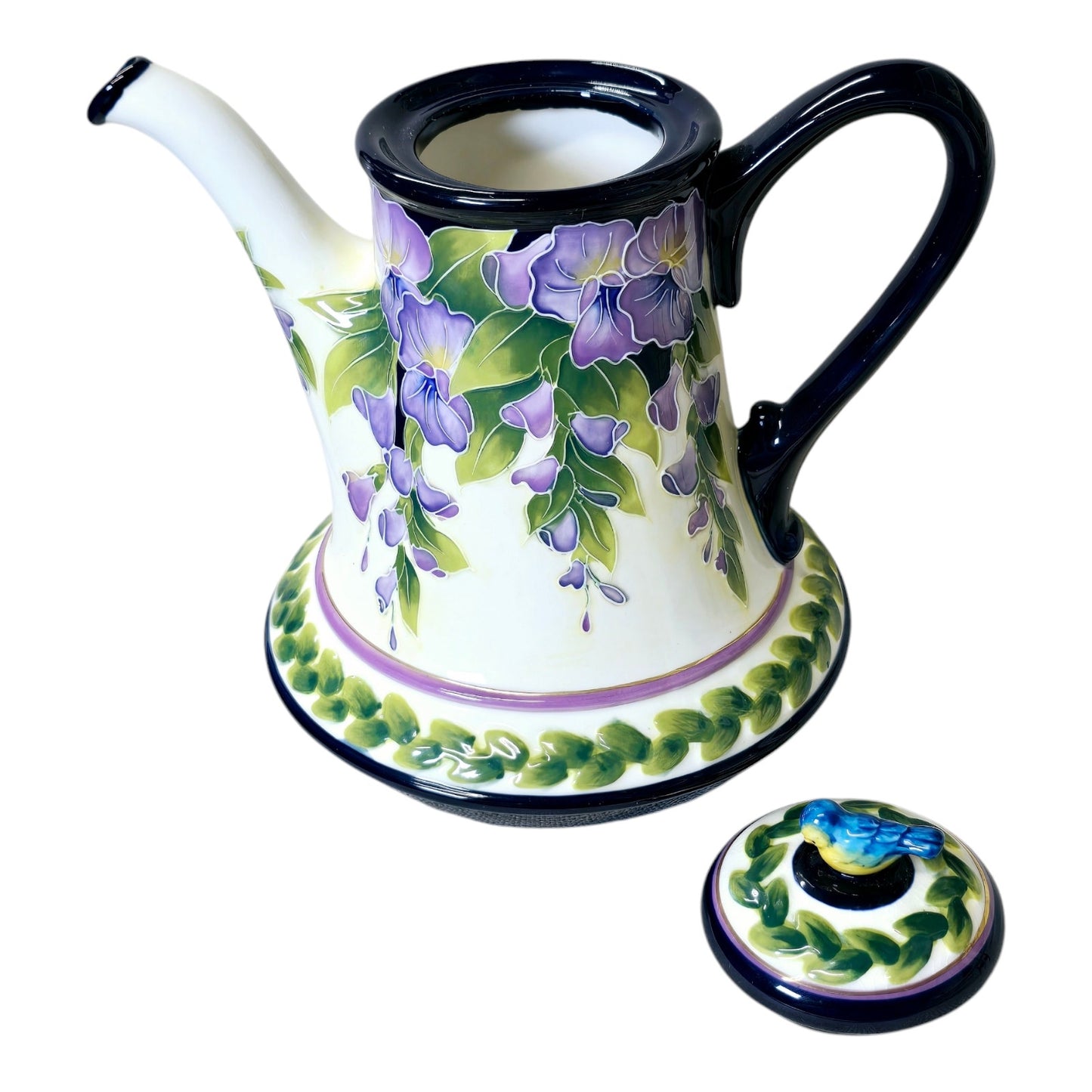 Blue Sky J. McCall Wisteria TeaPot with Bird and Purple Flowers 2005