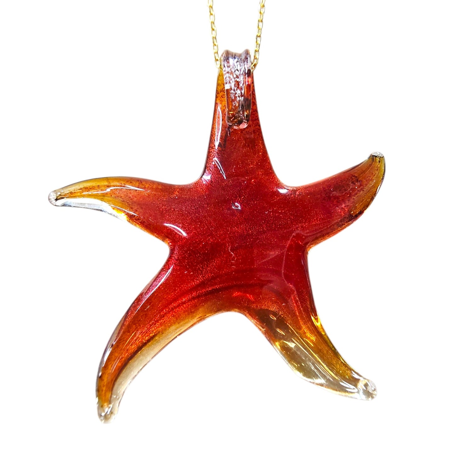 Murano Style Glass Starfish Pendant Necklace Gold Over 925 Sterling Italy Ocean