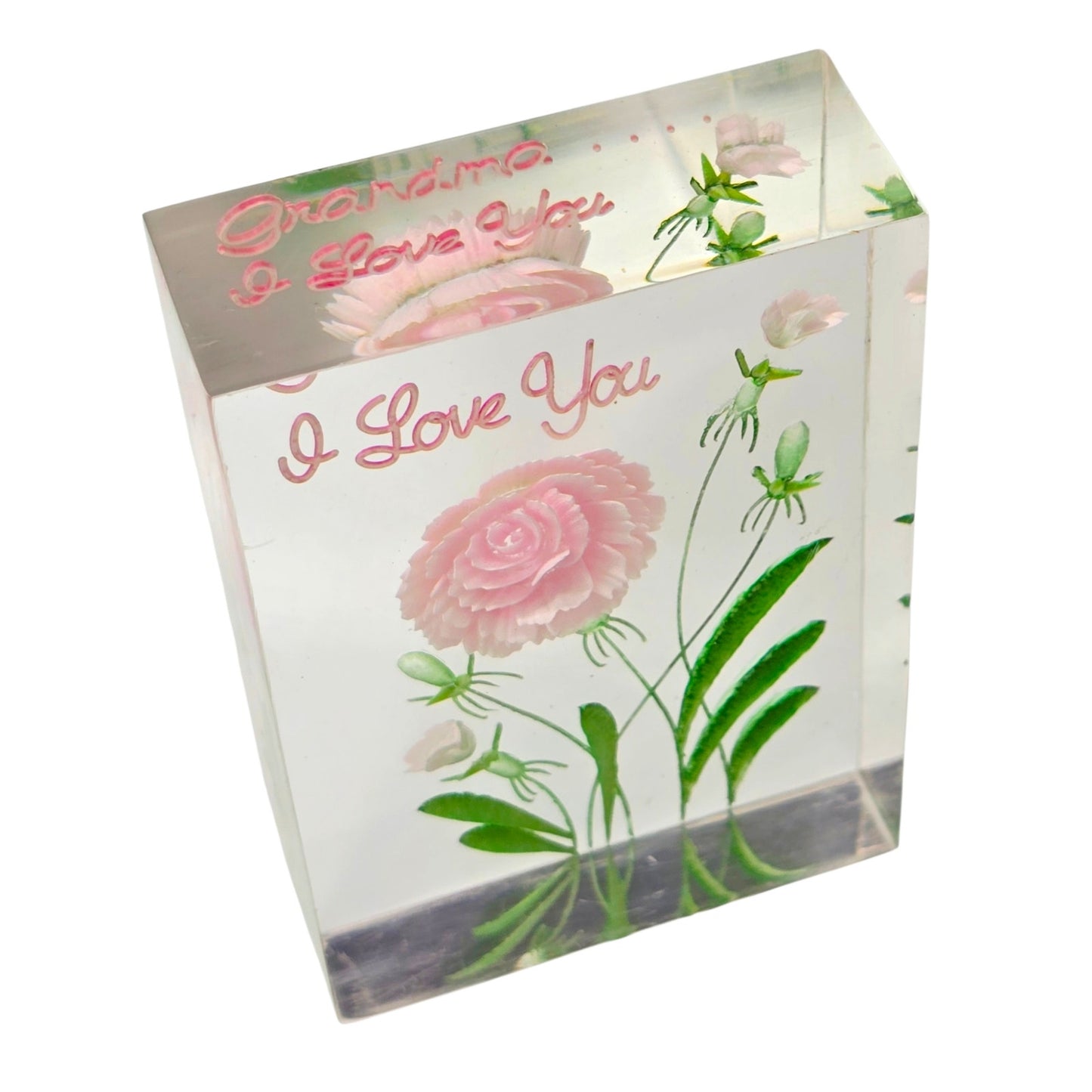 Vintage Lucite Paperweight Pink Carnation Grandma I Love You Flower Acrylic Art nbran