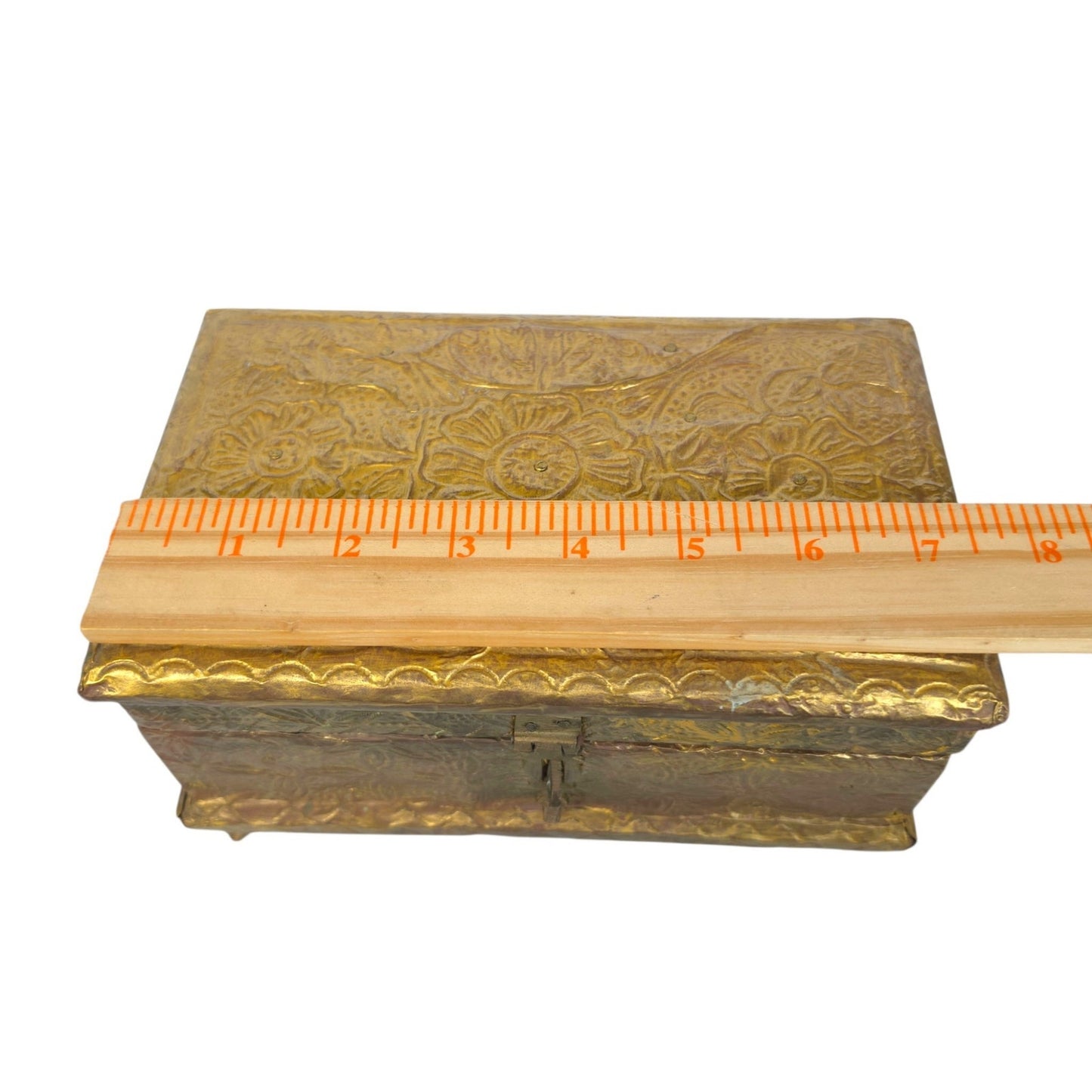 (Reserved for Customer) Vintage Embossed Repousse Brass Jewelry Box Red Velvet Lined Ornate Features