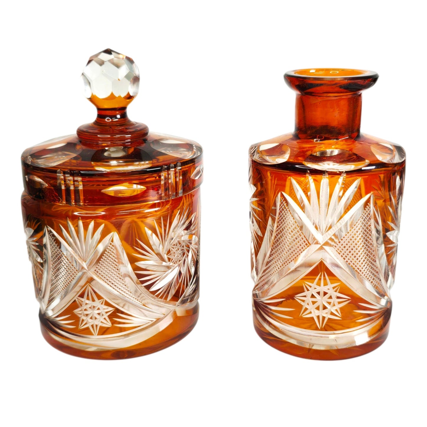 Vtg Amber Bohemian Cut Glass Vanity Set 5‑Piece Jewelry Dresser Set Orange-Brown