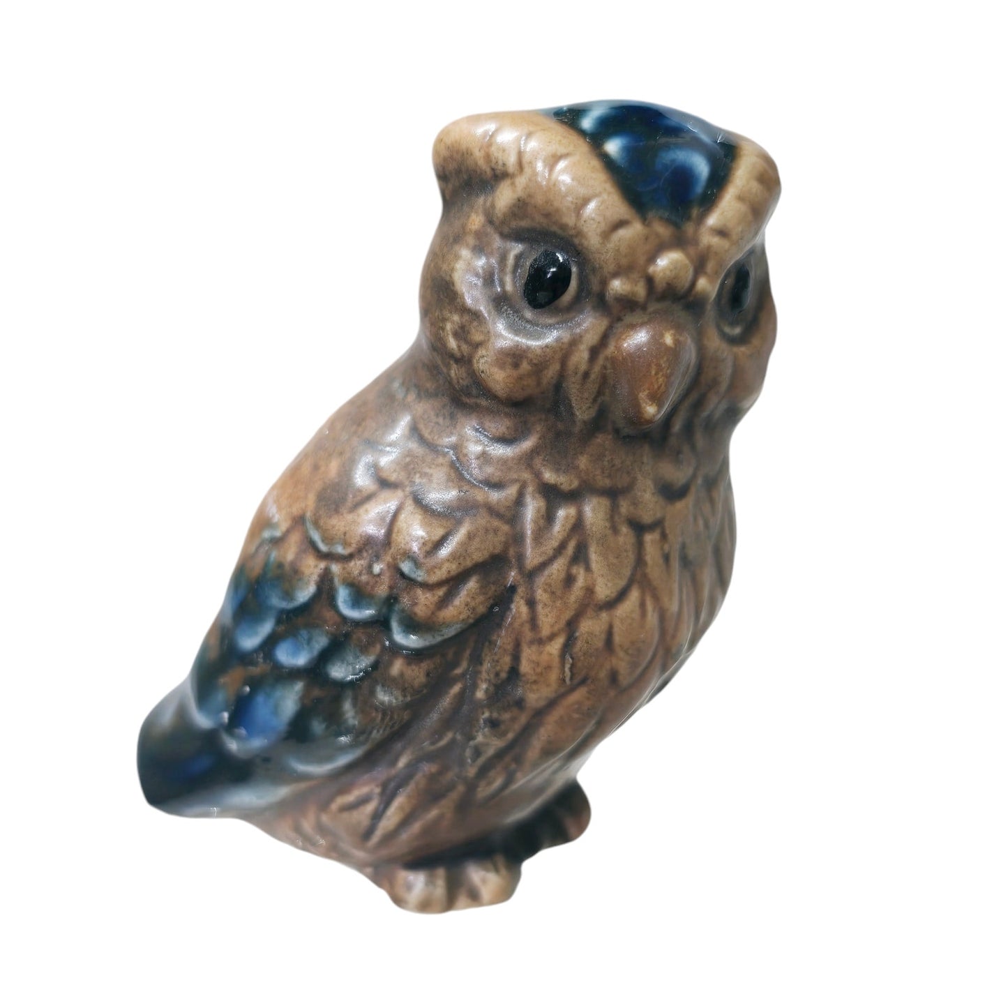 Tiny Vintage Ceramic Owl Figurine Blue Feathers Made in Japan