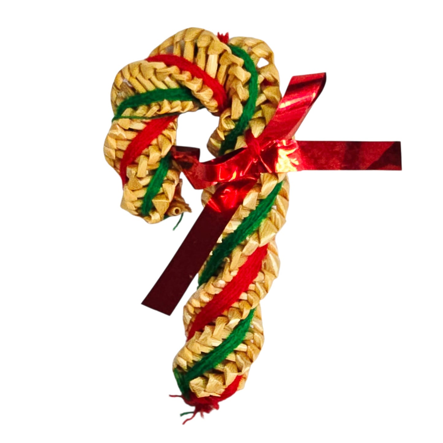 Vtg Folk Art Mexican Siral Woven Christmas Ornaments Set of 2 Tree & Candy Cane