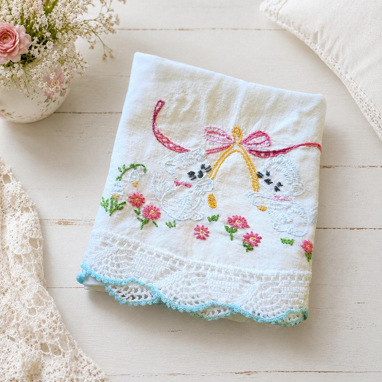 Vintage Embroidered Pillowcase Cats Wishbone Blue Lace Trim Pink Bow