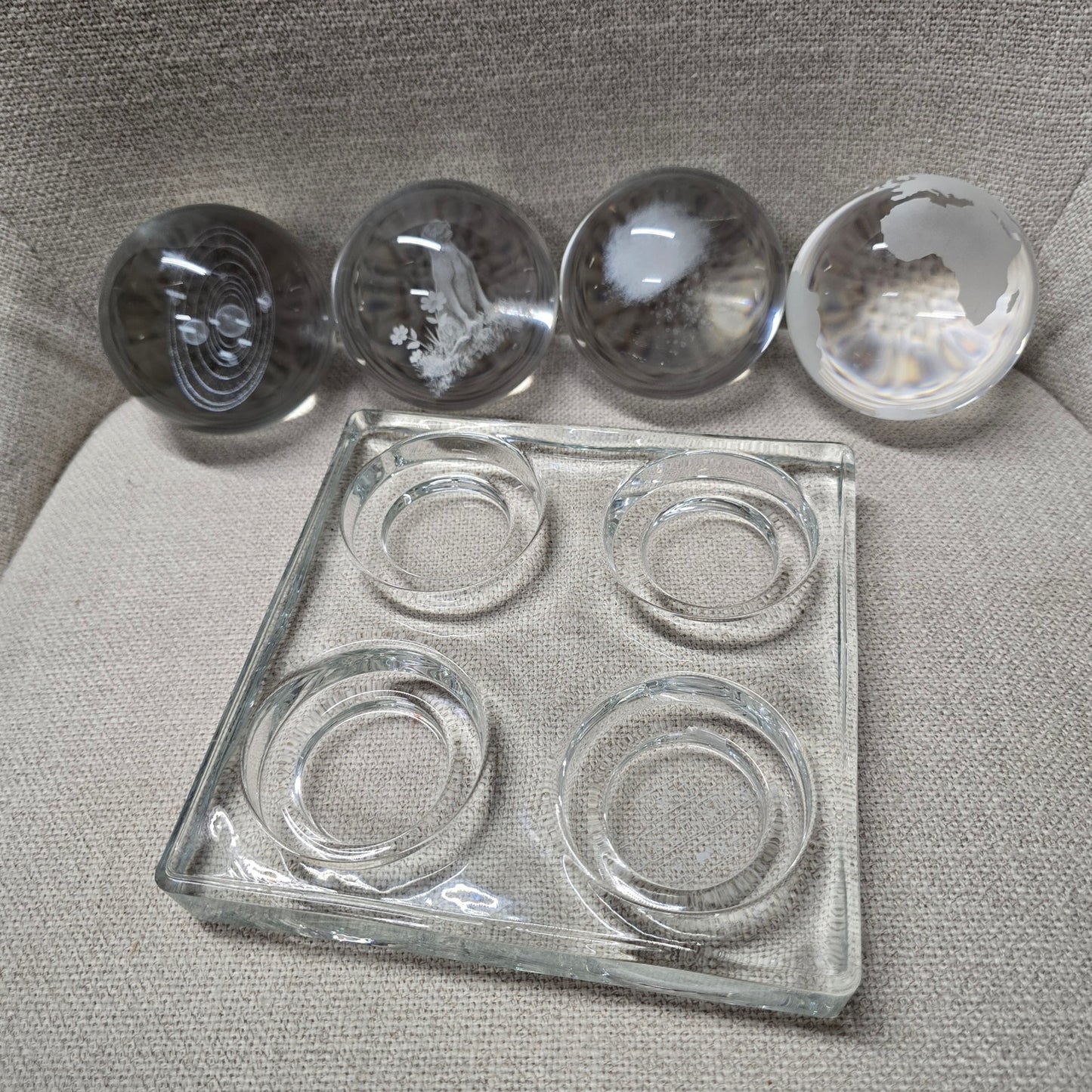 (Reserved for Customer) Lot of 4 Art Glass Orbs Raincloud, Dog, Earth, Solar System + Glass Habitat Base