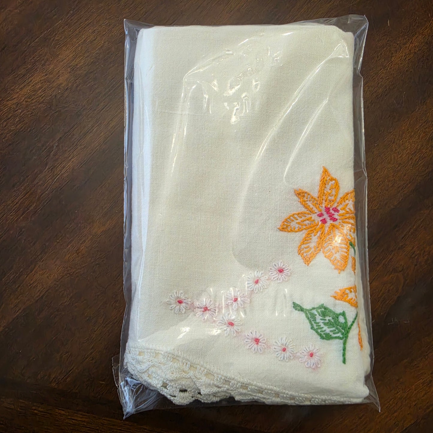 Vintage Embroidered Marigold Daisy Floral Pillowcase Crochet Lace
